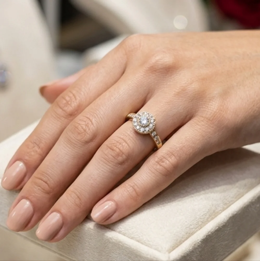 Rhinestone Halo Engagement Ring Pave Solitaire Crystals Goldtone Size 6 3/4